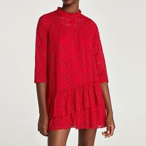 ZARA Embroidered Tulle Floral Lace Drill Mini Dress — Red, Size S